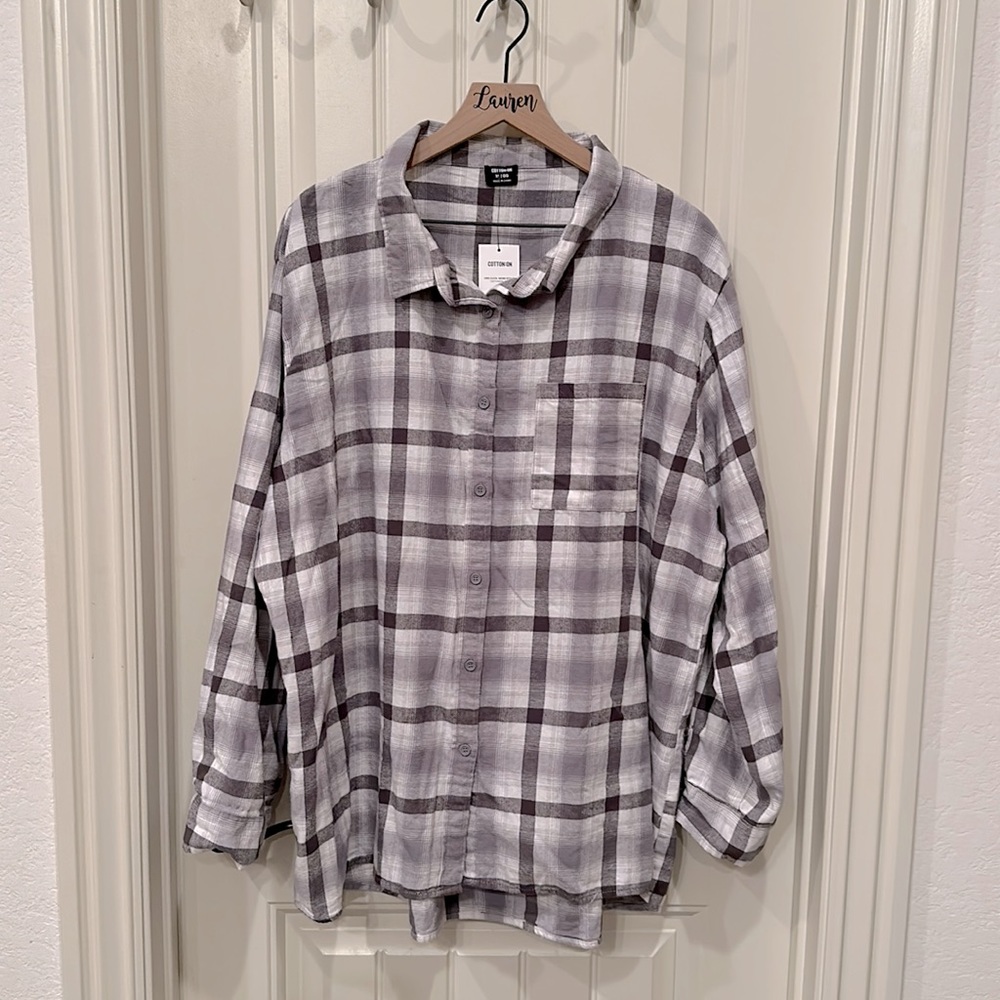 NWT White/Gray Plaid Cotton On Boyfriend Top XL